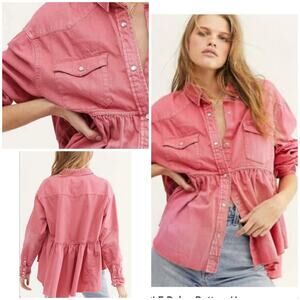 Free People S Babydoll Peplum Shirt Jacket Boho Pink Button Down Oversized